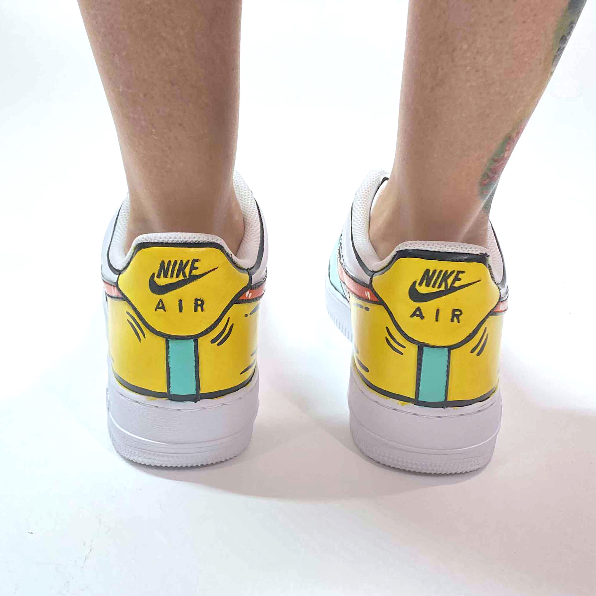 Nike Air Force One Custom Cartoon Dipinte A Mano Arancio Giallo e Azzurro