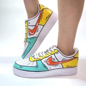 Nike Air Force One Custom Cartoon Dipinte A Mano Arancio Giallo e Azzurro