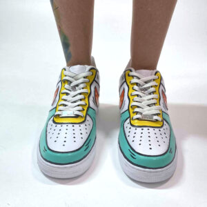 Nike Air Force One Custom Cartoon Dipinte A Mano Arancio Giallo e Azzurro