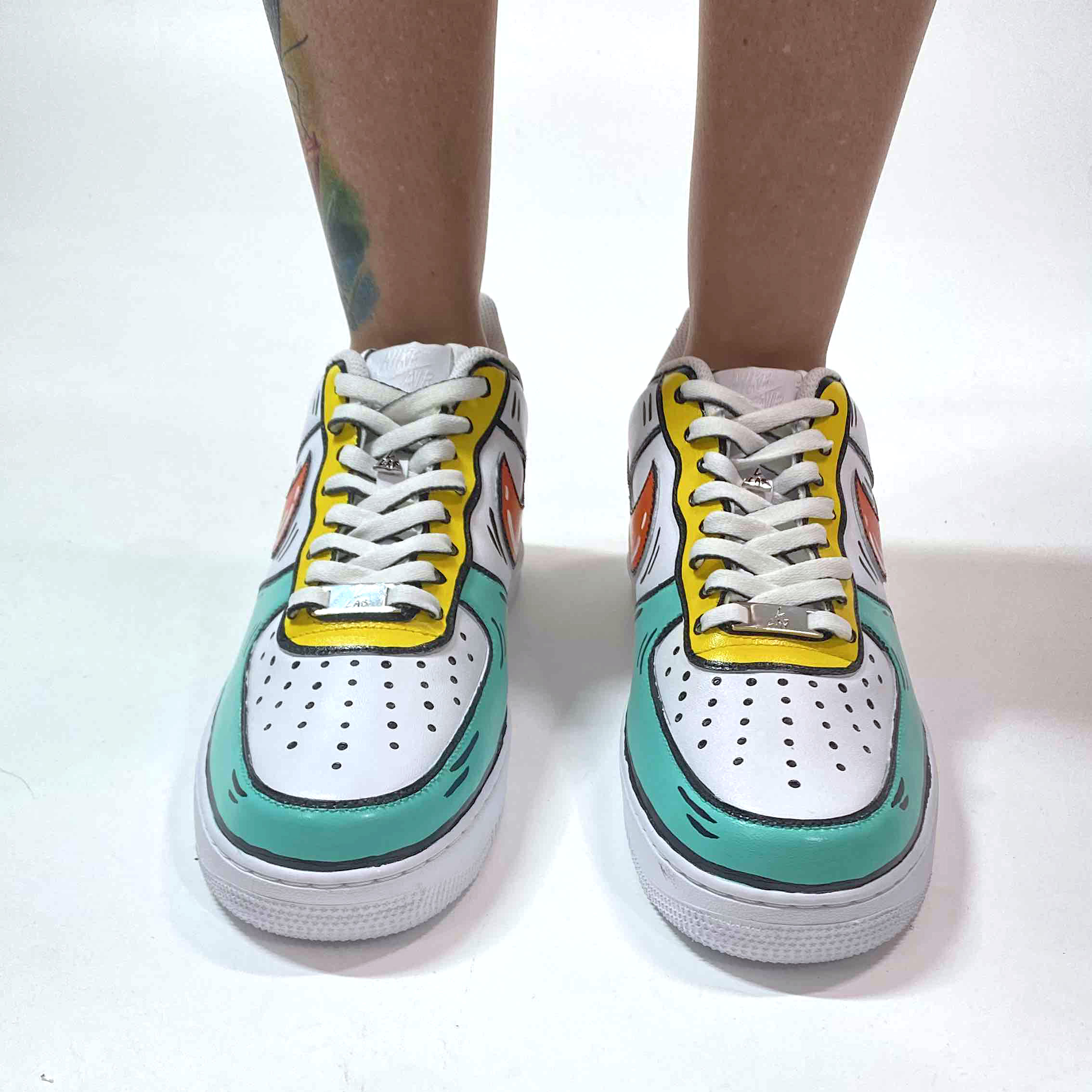 Nike Air Force One Custom Cartoon Dipinte A Mano Arancio Giallo e Azzurro