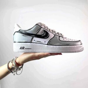Nike Air Force One Custom Cartoon Dipinte A Mano Nero & Grigio Chiaro