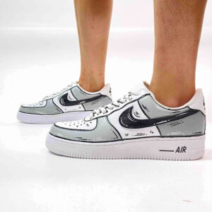 Nike Air Force One Custom Cartoon Dipinte A Mano Nero & Grigio Chiaro