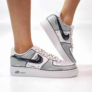 Nike Air Force One Custom Cartoon Dipinte A Mano Nero & Grigio Chiaro