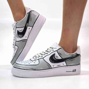 Nike Air Force One Custom Cartoon Dipinte A Mano Nero & Grigio Chiaro