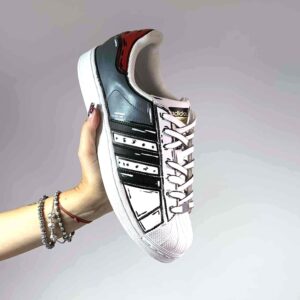 Adidas Superstar Personalizzate Cartoon Dipinte A Mano Grigio e Rosso