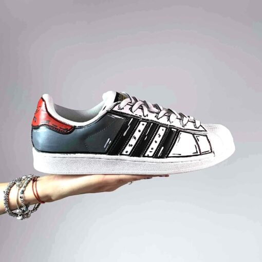 Adidas Superstar Personalizzate Cartoon Dipinte A Mano Grigio e Rosso