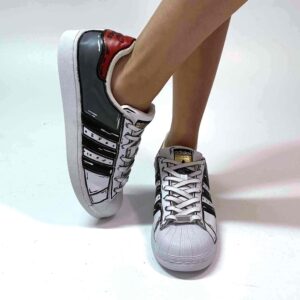 Adidas Superstar Personalizzate Cartoon Dipinte A Mano Grigio e Rosso