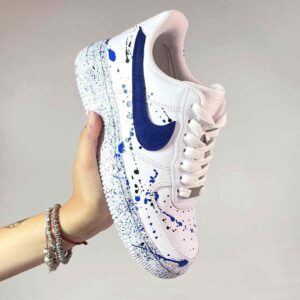 Air Force One Custom Swoosh Pelle Blu, Sporcata Frustata e Fondo Puntinato Nero e Blu