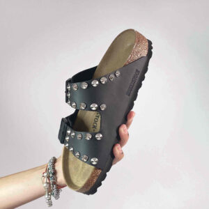 Birkenstock Arizona Personalizzate Base Nera Borchie Cono Basso Argento Lucide