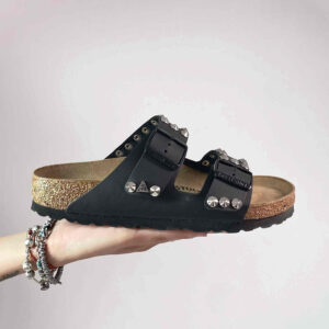 Birkenstock Arizona Personalizzate Base Nera Borchie Cono Basso Argento Lucide