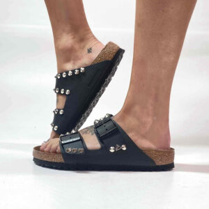 Birkenstock Arizona Personalizzate Base Nera Borchie Cono Basso Argento Lucide