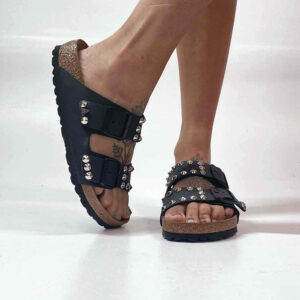 Birkenstock Arizona Personalizzate Base Nera Borchie Cono Basso Argento Lucide
