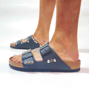 Birkenstock Arizona Personalizzate Base Nera Borchie Cono Basso Argento Lucide