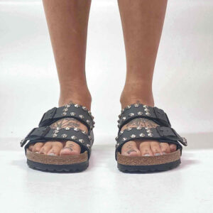 Birkenstock Arizona Personalizzate Base Nera Borchie Cono Basso Argento Lucide