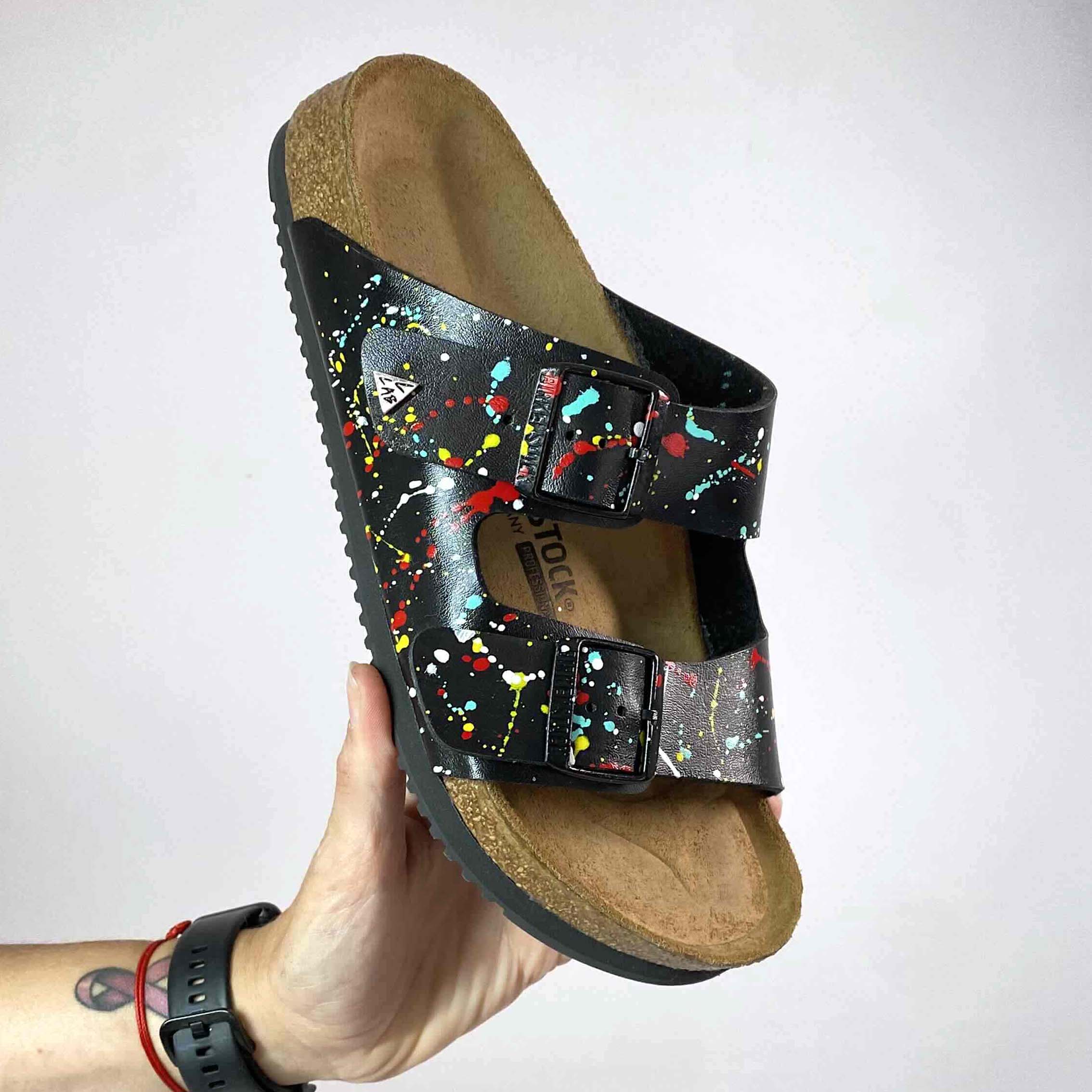 Birkenstock Arizona Personalizzate Base Nera Vernice Multicolor