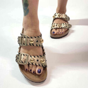 Birkenstock Arizona Personalizzate Base Oro con Passamaneria, Borchie e Strass Neri