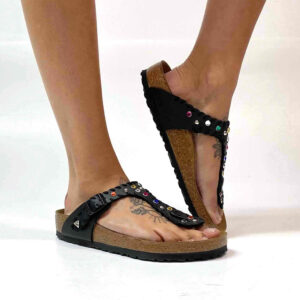 Birkenstock Gizeh Personalizzate Base Nera con Passamaneria e Borchie Multicolor