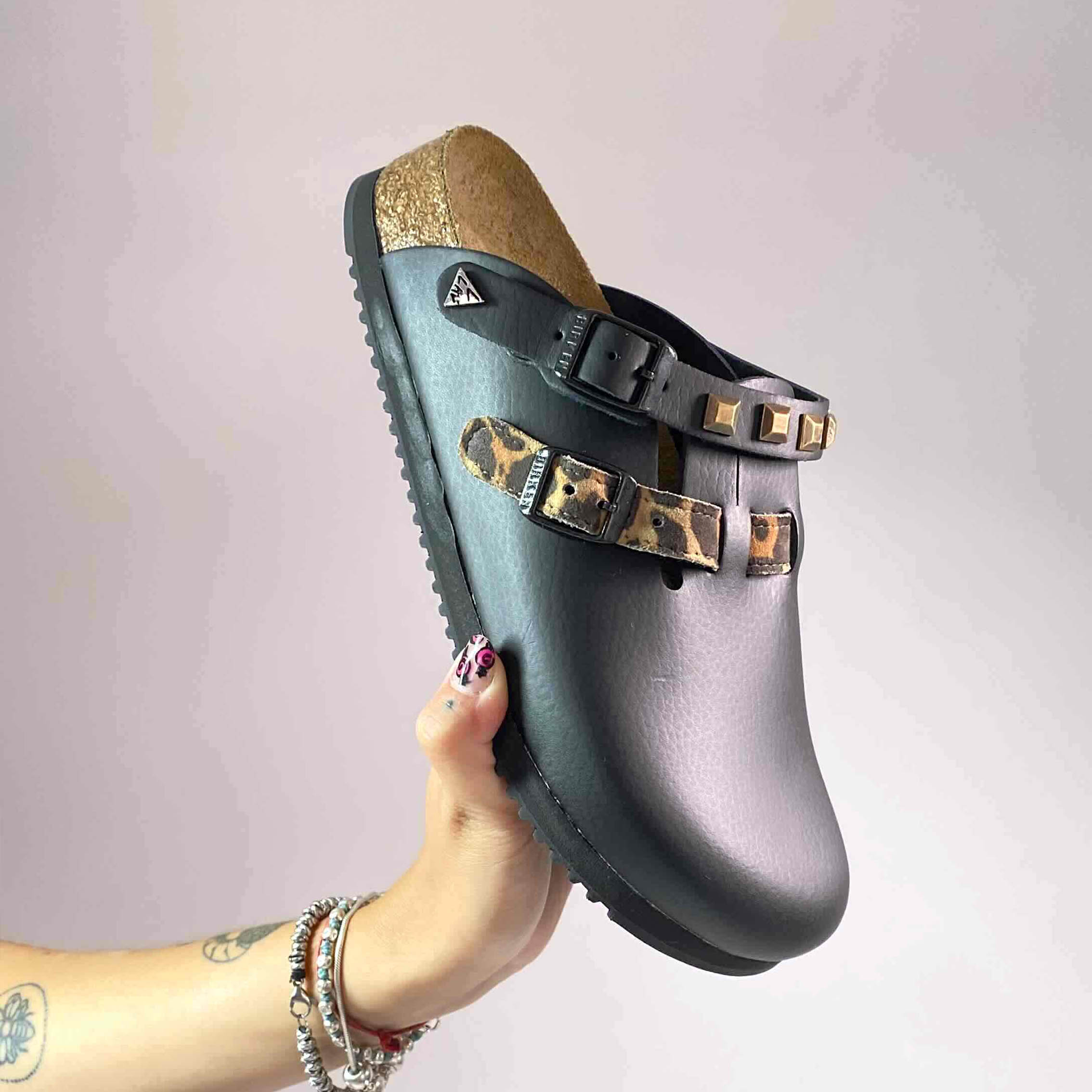 Birkenstock Kay SL Personalizzate Pelle Naturale Black inserti Leo e Borchie Oro