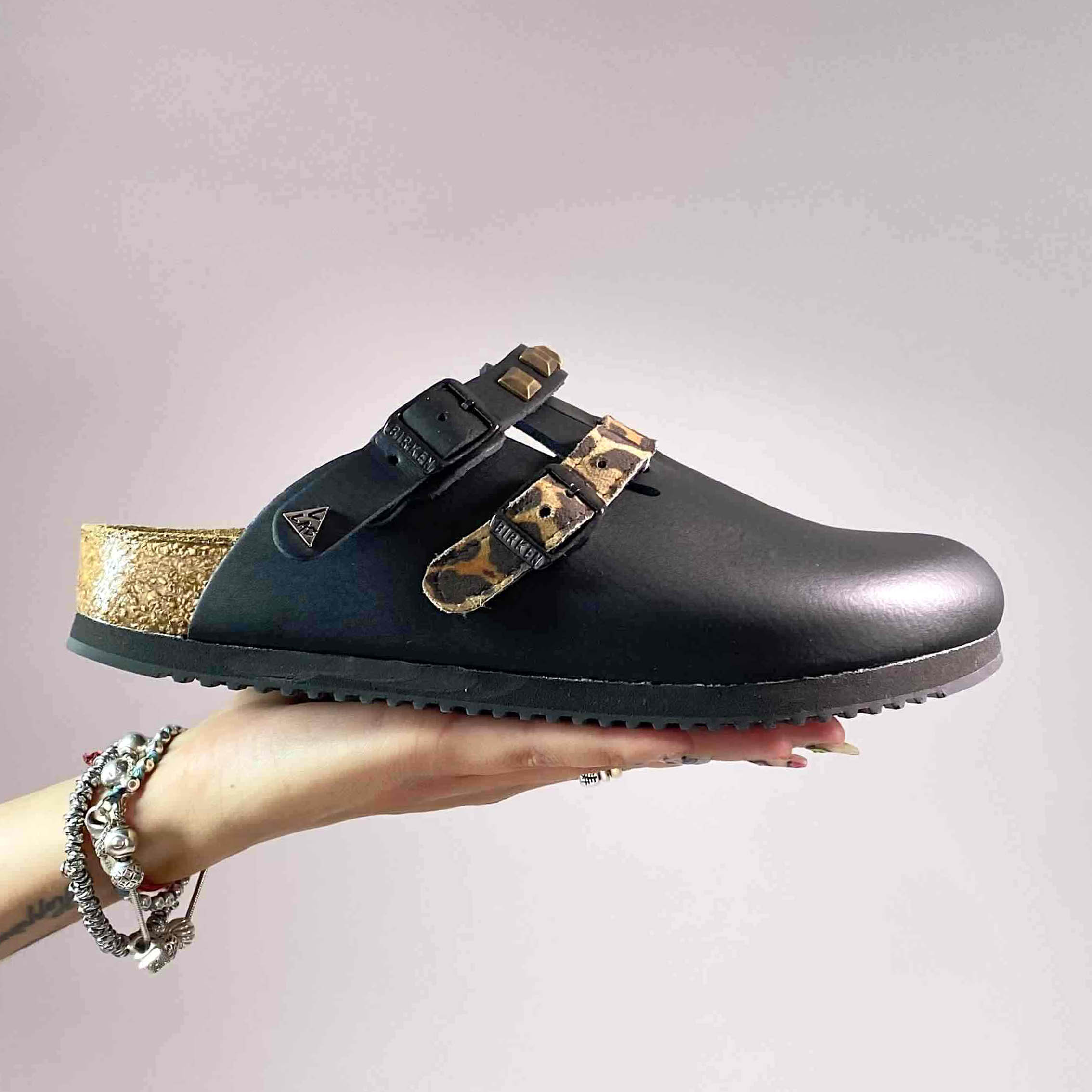 Birkenstock Kay SL Personalizzate Pelle Naturale Black inserti Leo e Borchie Oro