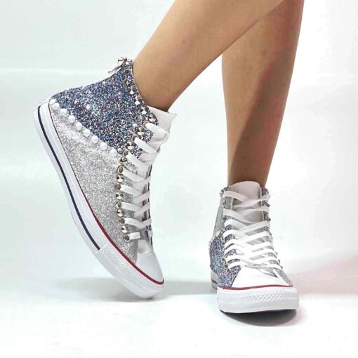 Converse All Star Personalizzate Glitter Argento e Multicolor con Borchie Diagon Alley