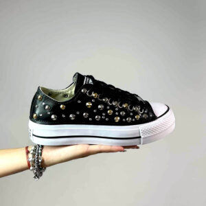 Converse All Star Personalizzate Platform LOW Pelle Nera, Borchie Oro Argento e Strass