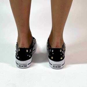 Converse All Star Personalizzate Platform LOW Pelle Nera, Borchie Oro Argento e Strass