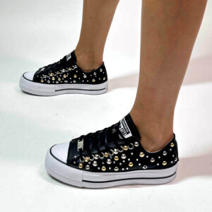 Converse All Star Personalizzate Platform LOW Pelle Nera, Borchie Oro Argento e Strass