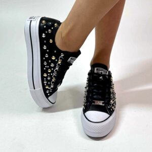 Converse All Star Personalizzate Platform LOW Pelle Nera, Borchie Oro Argento e Strass