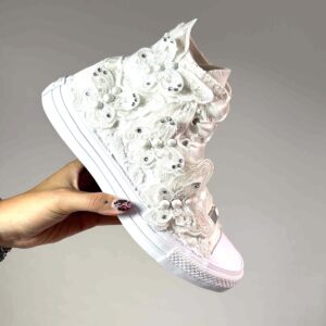 Converse All Star Personalizzate Sposa Farfalle, Perle, Strass, Pizzo e Lacci Raso