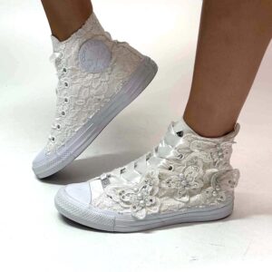 Converse All Star Personalizzate Sposa Farfalle, Perle, Strass, Pizzo e Lacci Raso