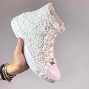 Converse All Star Personalizzate Sposa Laccetti Bianchi Raso e Macrame Con Occhielli Bianchi