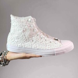 Converse All Star Personalizzate Sposa Laccetti Bianchi Raso e Macrame Con Occhielli Bianchi