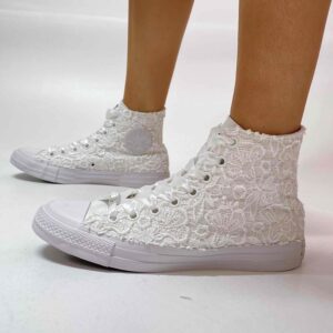 Converse All Star Personalizzate Sposa Laccetti Bianchi Raso e Macrame Con Occhielli Bianchi