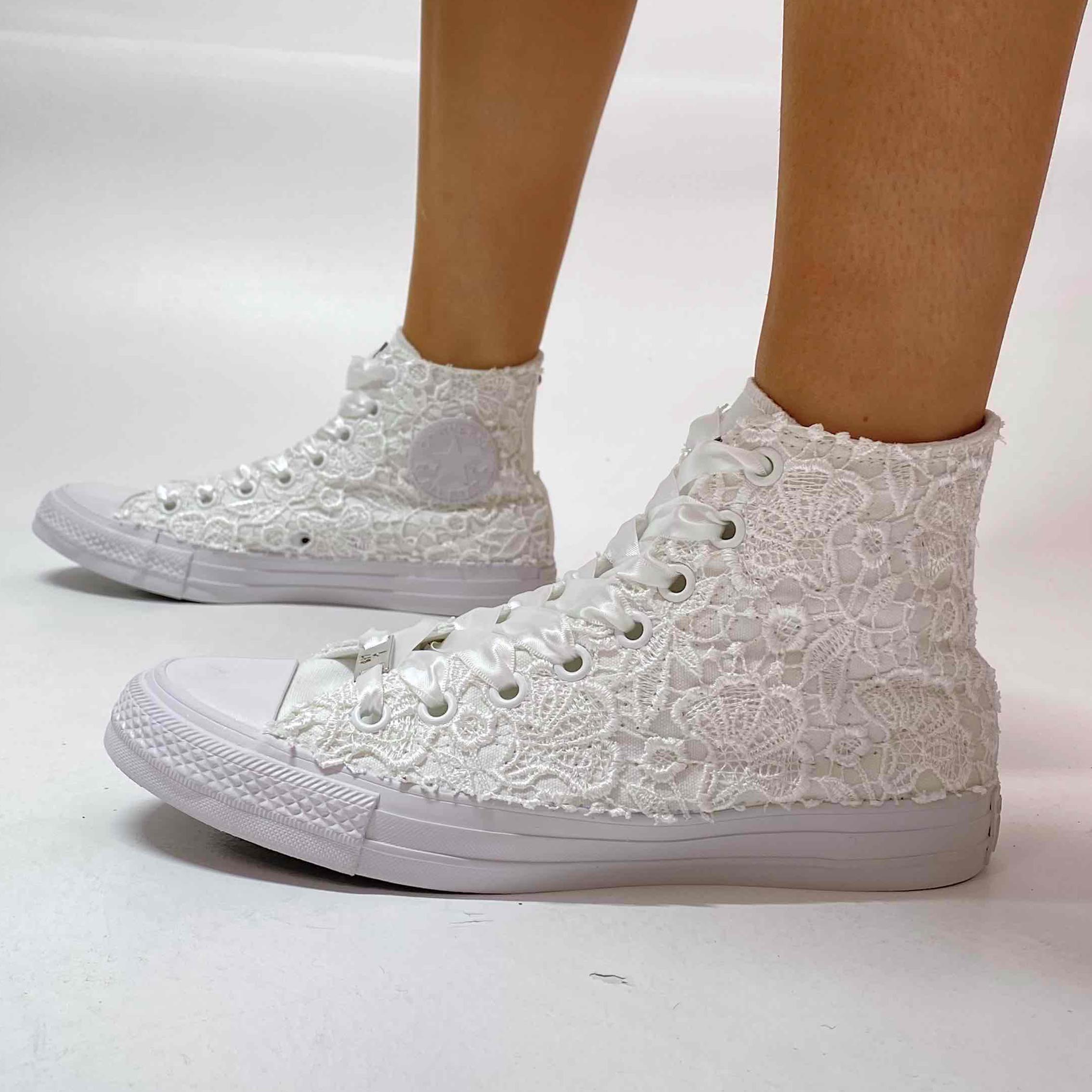 Converse All Star Personalizzate Sposa Laccetti Bianchi Raso e Macrame Con Occhielli Bianchi