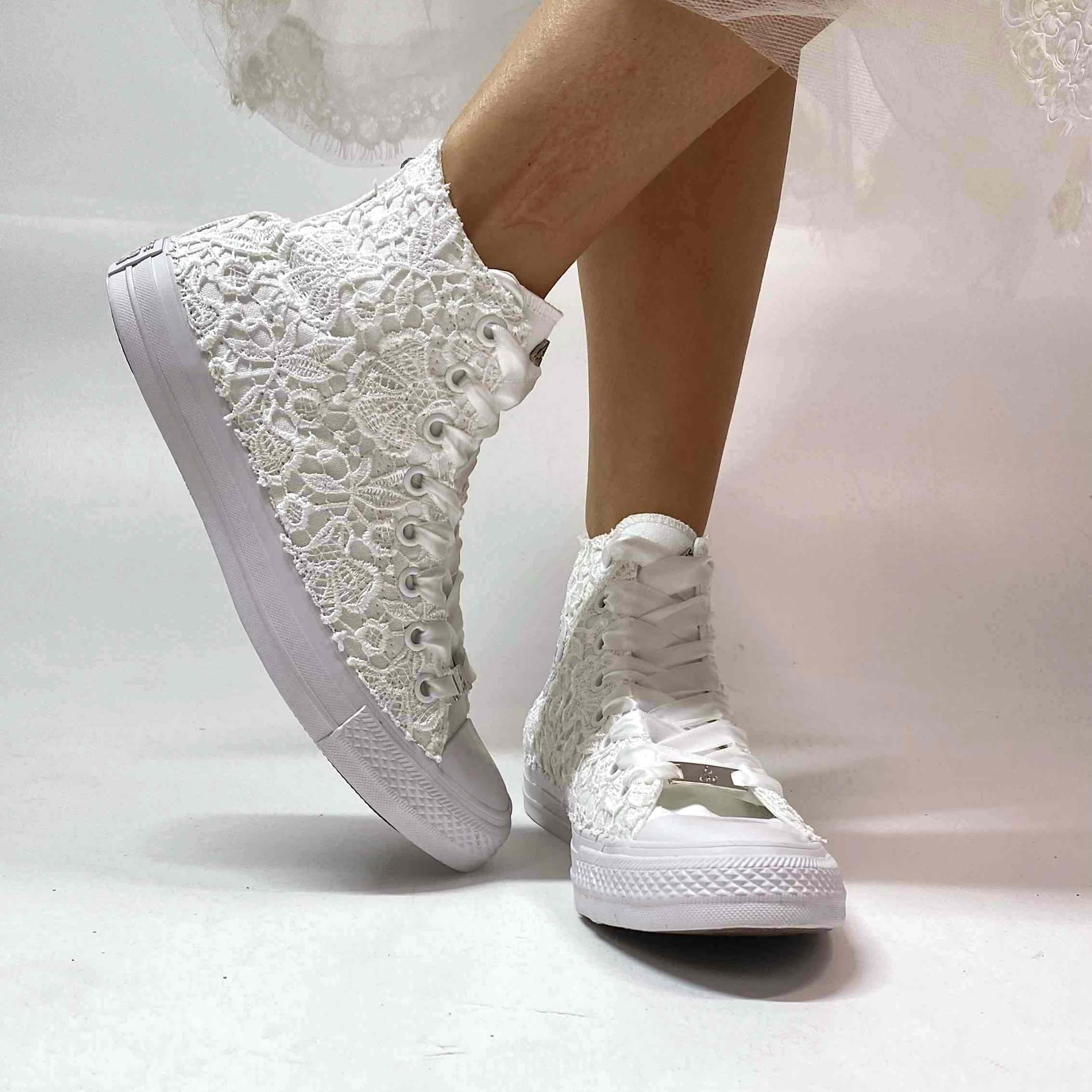 Converse All Star Personalizzate Sposa Laccetti Bianchi Raso e Macrame Con Occhielli Bianchi
