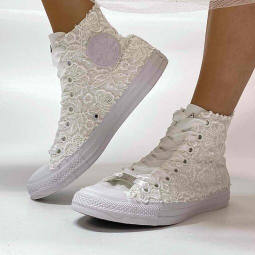 Converse All Star Personalizzate Sposa Laccetti Bianchi Raso e Macrame Con Occhielli Bianchi