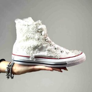 Converse All Star Personalizzate Sposa Pizzo, Paillettes, Raso, Puntale in Perle e Strass
