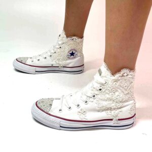Converse All Star Personalizzate Sposa Pizzo, Paillettes, Raso, Puntale in Perle e Strass