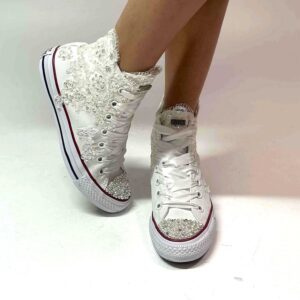 Converse All Star Personalizzate Sposa Pizzo, Paillettes, Raso, Puntale in Perle e Strass