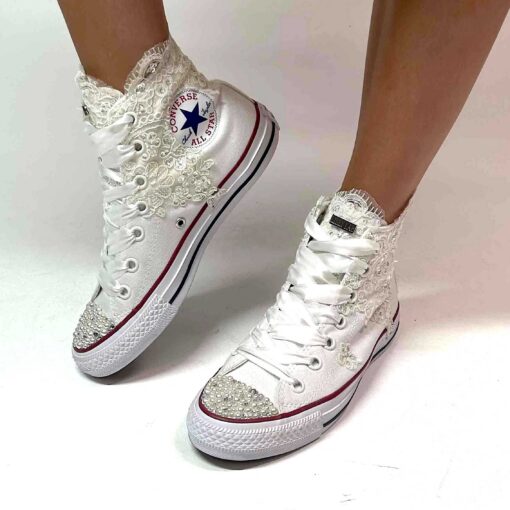 Converse All Star Personalizzate Sposa Pizzo, Paillettes, Raso, Puntale in Perle e Strass