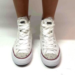 Converse All Star Personalizzate Sposa Pizzo, Paillettes, Raso, Puntale in Perle e Strass