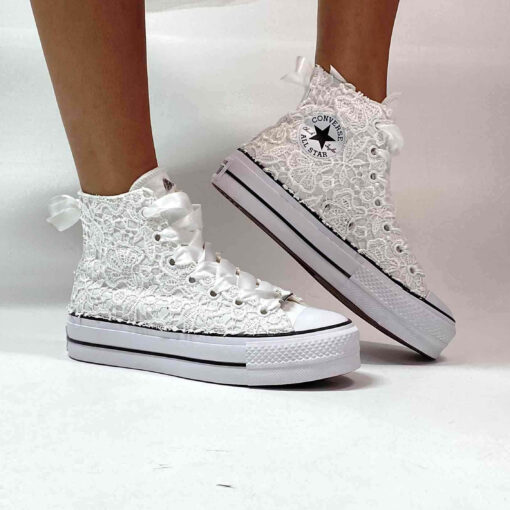 Converse All Star Personalizzate Sposa Platform Macramè e Laccetti in Raso