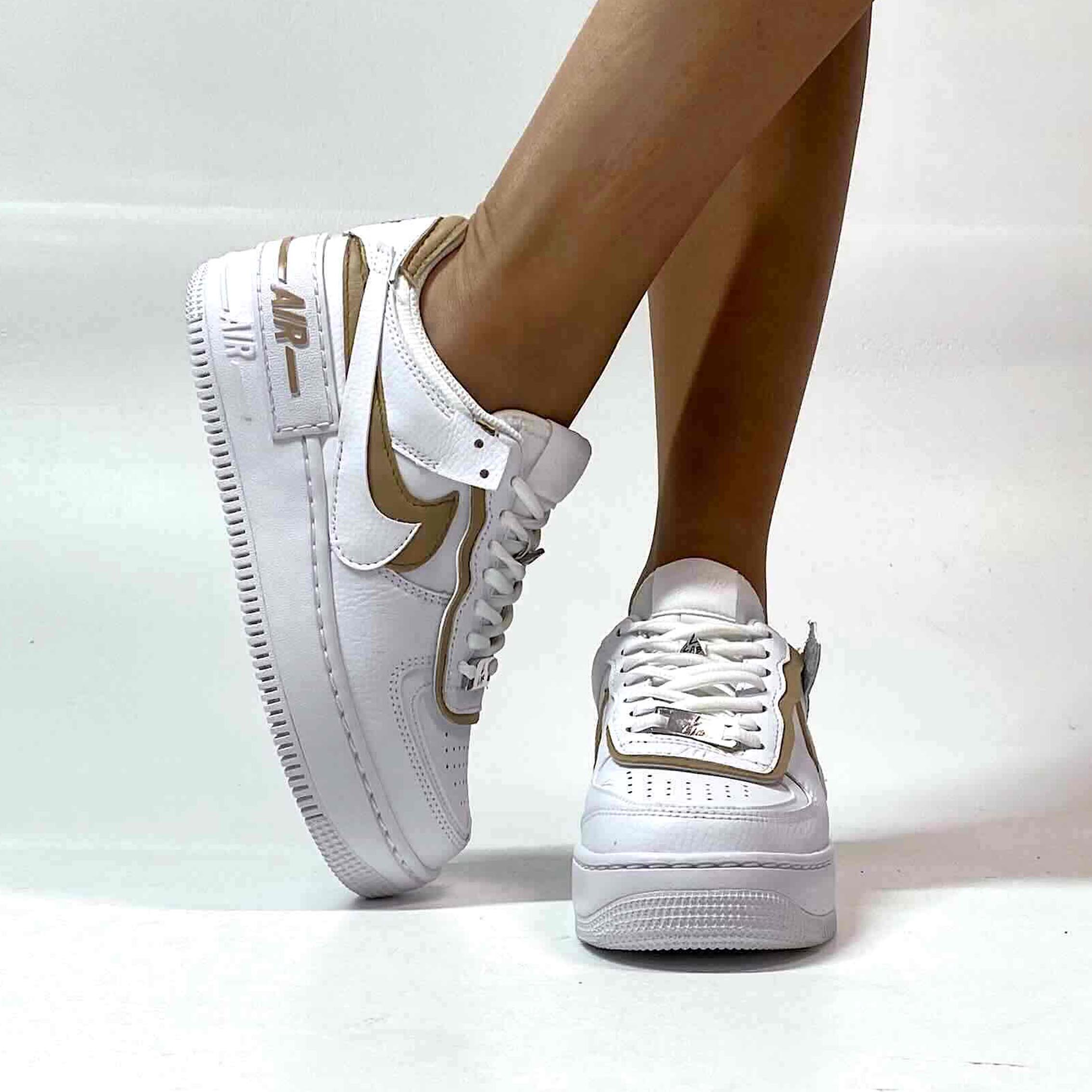 Nike Air Force 1 Shadow Custom Doppio Swoosh Beige Cucito A Mano