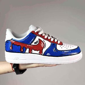 Nike Air Force One Custom Cartoon Dipinte A Mano Blu e Rosso, Swoosh Gocce Cadenti