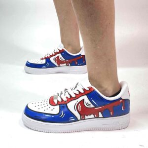 Nike Air Force One Custom Cartoon Dipinte A Mano Blu e Rosso, Swoosh Gocce Cadenti