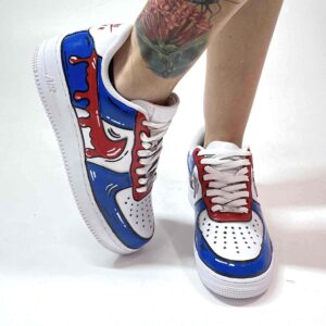Nike Air Force One Custom Cartoon Dipinte A Mano Blu e Rosso, Swoosh Gocce Cadenti