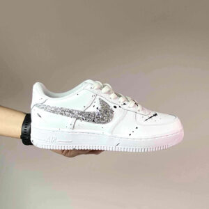 Nike Air Force One Custom Swoosh Glitter Argento e Sporcatura Nera