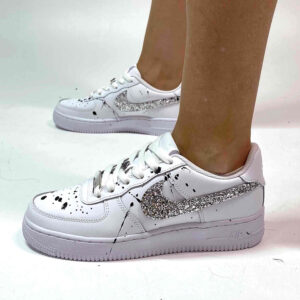Nike Air Force One Custom Swoosh Glitter Argento e Sporcatura Nera