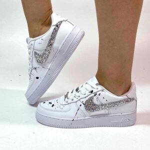 Nike Air Force One Custom Swoosh Glitter Argento e Sporcatura Nera