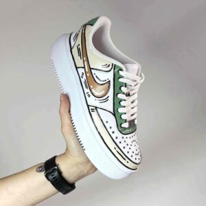 Nike Court Vision Low Platform Custom Cartoon Dipinte A Mano Beige e Verde